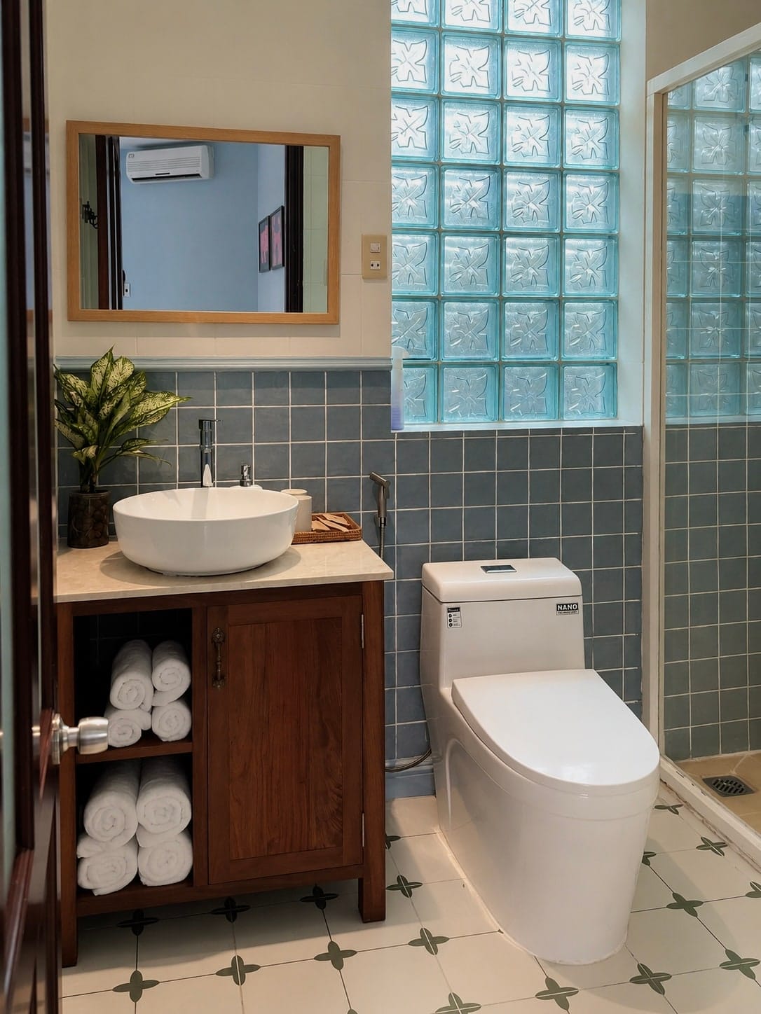 MARE bathroom with blue glass-block wall, wooden vanity and round basin