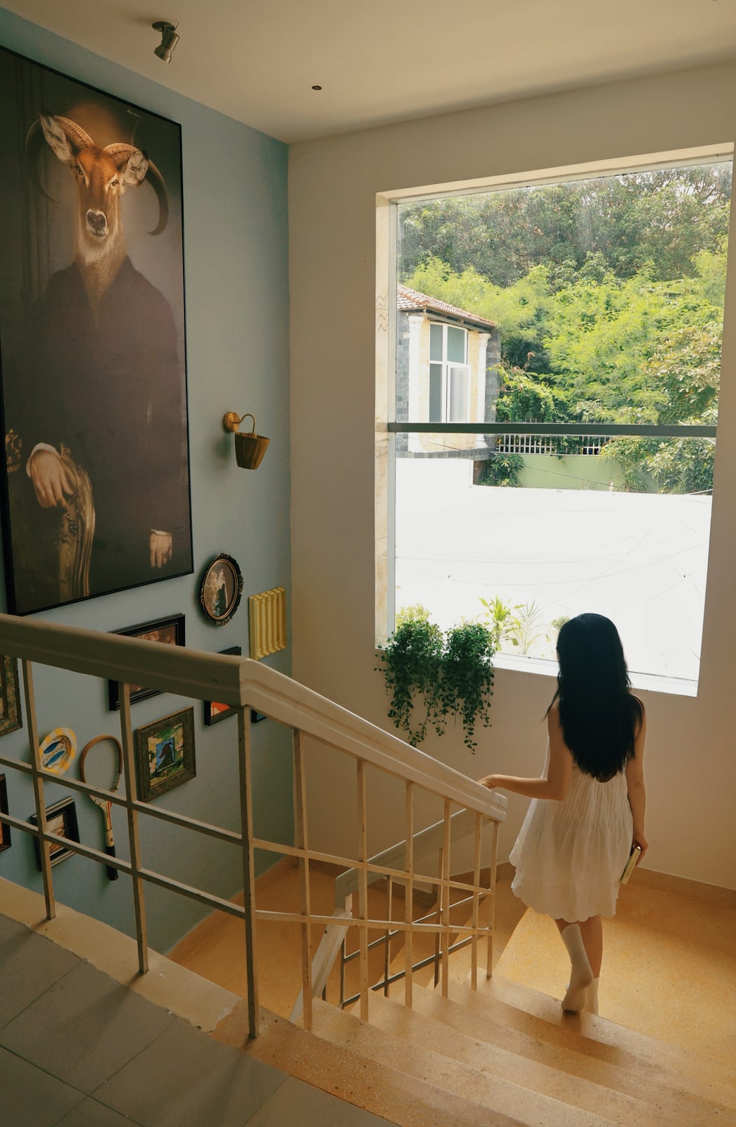 Khách bước xuống cầu thang, ngang ô cửa sổ lớn và tranh sưu tầm