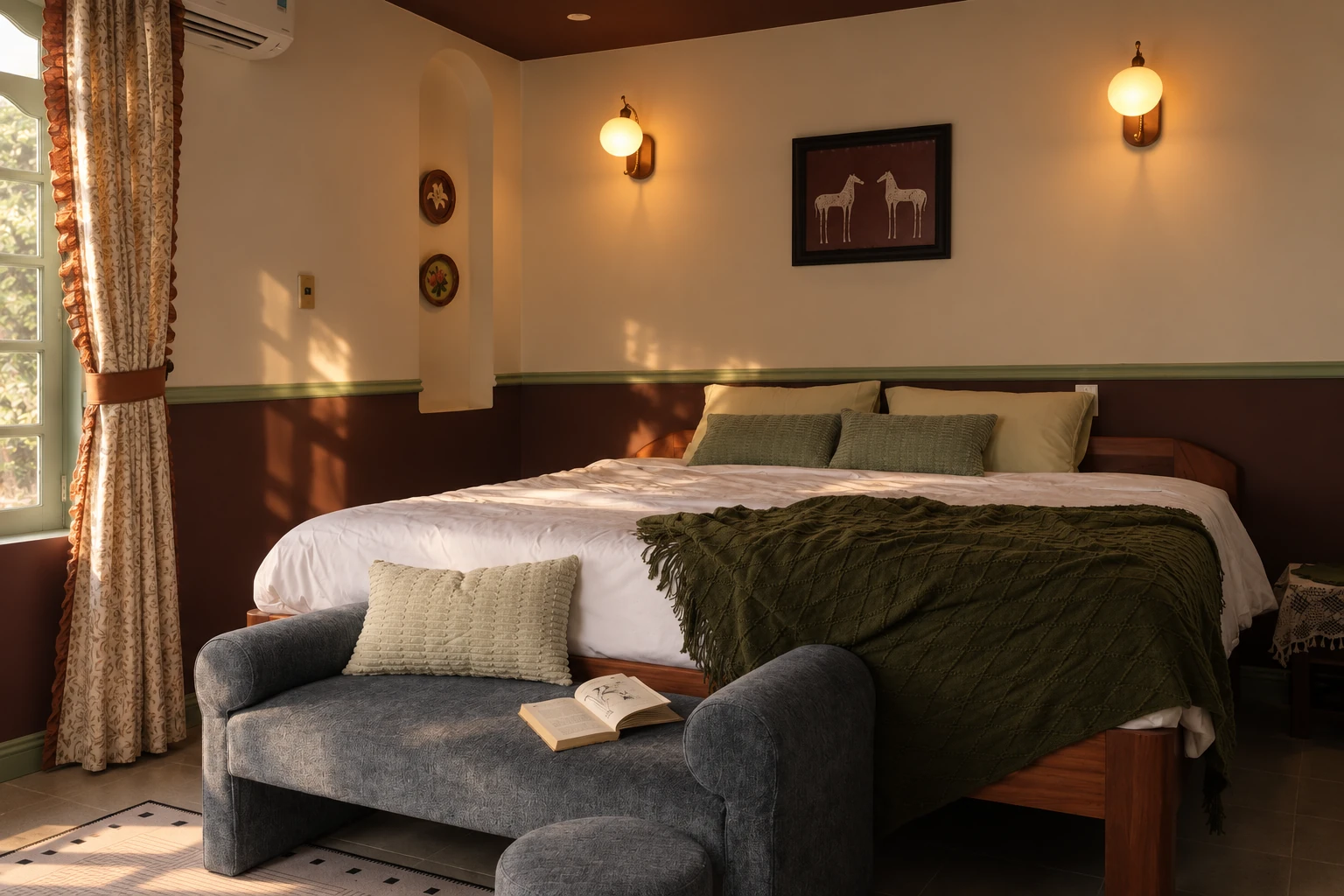Giường king, sofa và tường đỏ rượu của phòng ROSSO
