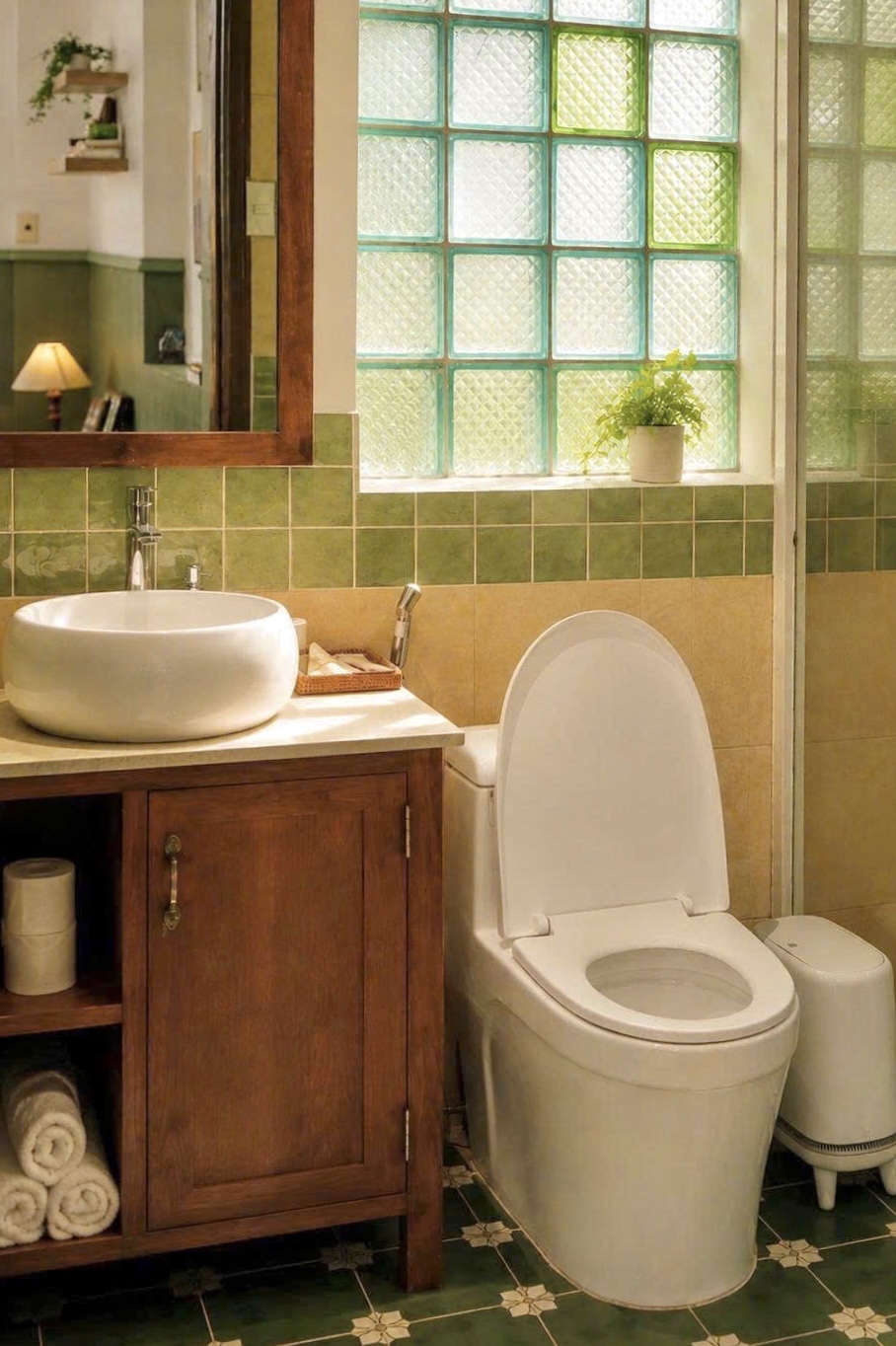 Phòng tắm riêng của OLIVA với sàn hoa văn xanh và gạch kính