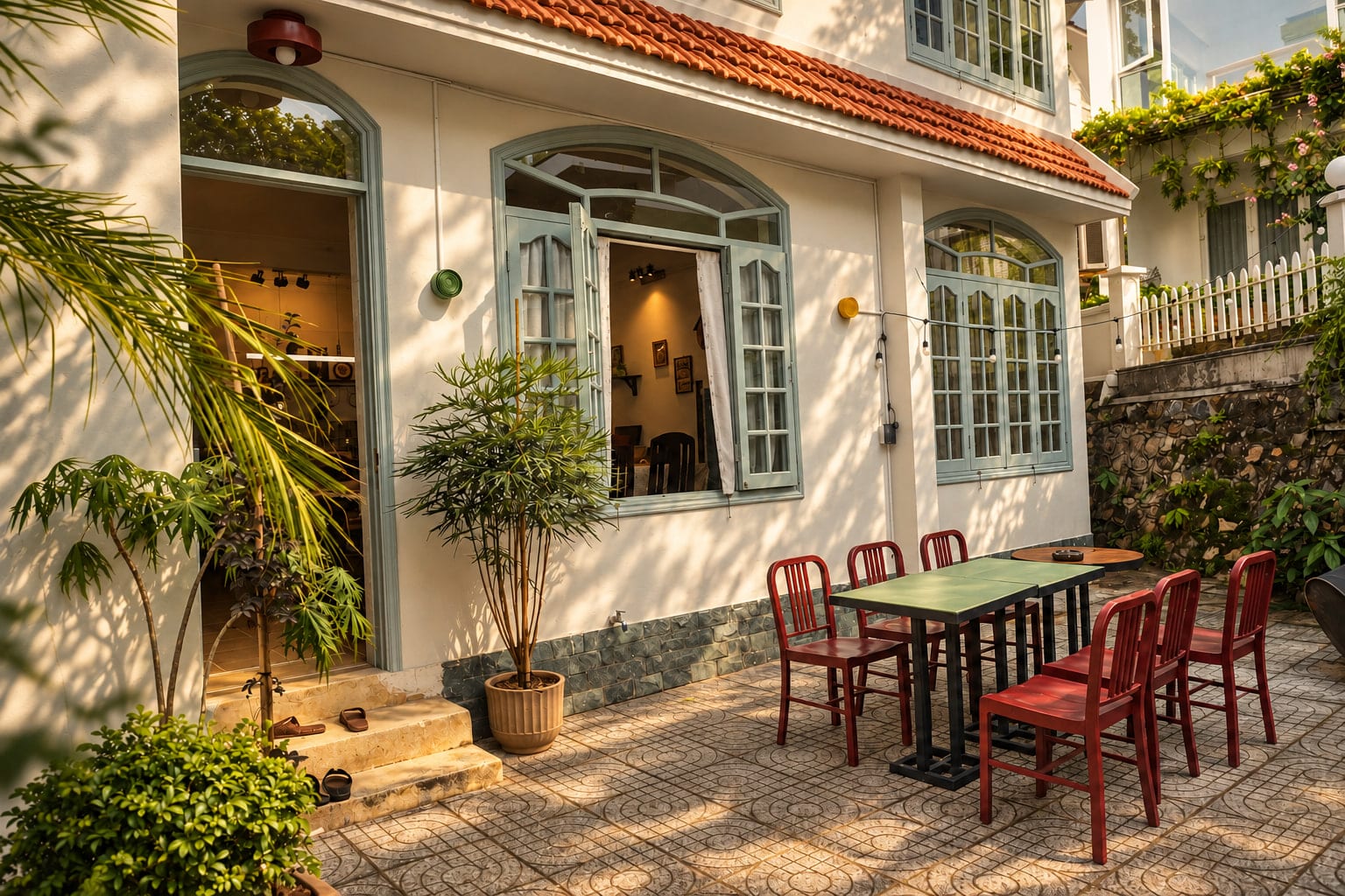 Sân và những ô cửa vòm của BRIO House